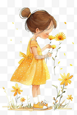 黄色花朵手绘女孩免抠元素