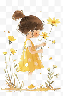 女孩黄色花朵免抠手绘元素