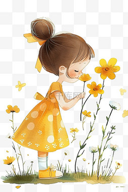 花朵手绘黄色图片_黄色女孩花朵手绘免抠元素