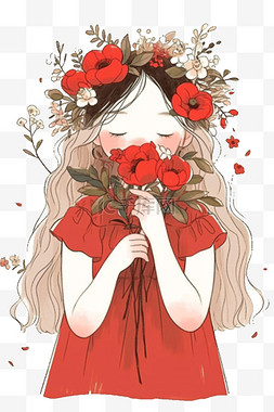 红色盛开的花图片_女孩花朵插画手绘元素免抠