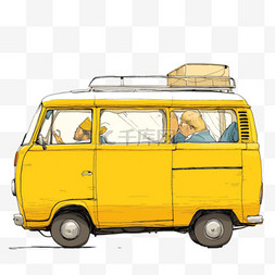 白色小货车卡通图片_黄色面包车插画手绘免抠元素