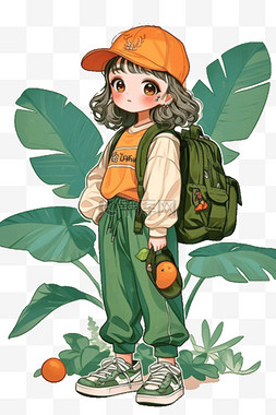 可爱女孩卡通手绘绿植元素