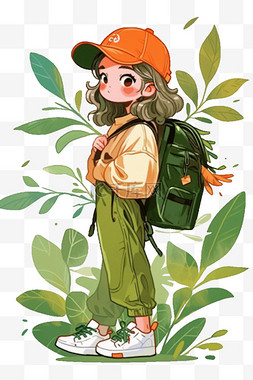 背景绿植插画图片_手绘可爱女孩绿植卡通元素