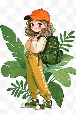 卡通树叶插画背景图片_可爱女孩绿植手绘卡通元素
