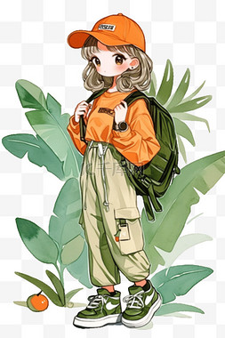 卡通树叶插画背景图片_卡通可爱女孩绿植手绘元素