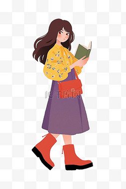 红色紫色背景图片_时尚女孩免抠读书手绘插画元素