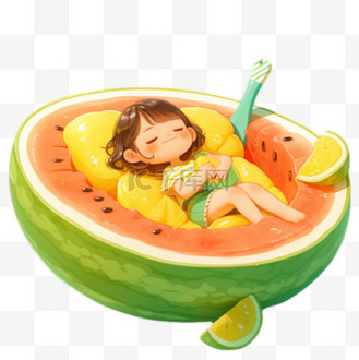 夏天躺在西瓜上的人物png图片