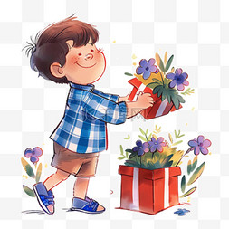 白色礼盒鲜花图片_可爱男孩父亲节鲜花礼物手绘元素