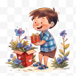 红色鲜花背景图片_父亲节手绘可爱男孩鲜花礼物元素