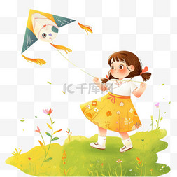 可爱女孩放风筝手绘卡通免抠元素