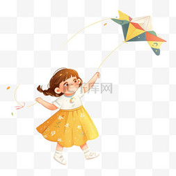 可爱女孩放风筝卡通手绘免抠元素