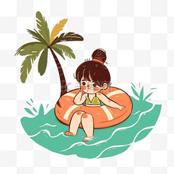 绿色手绘椰子树图片_女孩夏天泳圈椰子树免扣元素