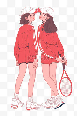 可爱两个女孩图片_手绘免抠女孩运动网球元素