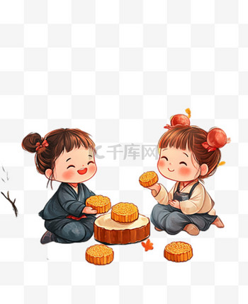 国风中秋节卡通古装孩子们吃月饼免抠元素