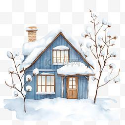 有积雪屋顶和棉枝的水彩冬屋