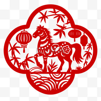 马年春节红色剪纸窗花图案素材
