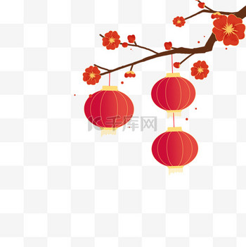 红色新年梅花树枝灯笼春节新年海报装饰元素
