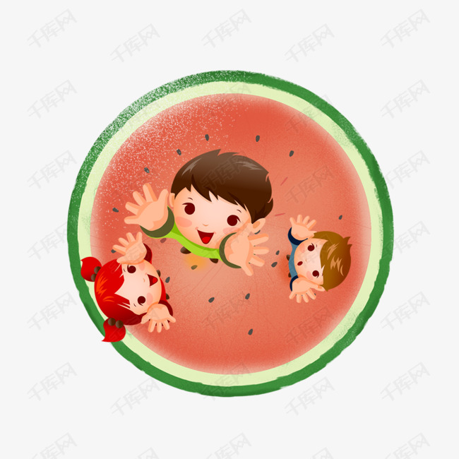 夏日西瓜与小孩清爽主题卡通