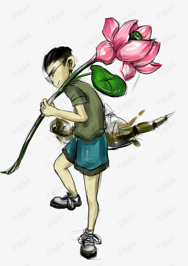 扛荷花与莲藕的少年
