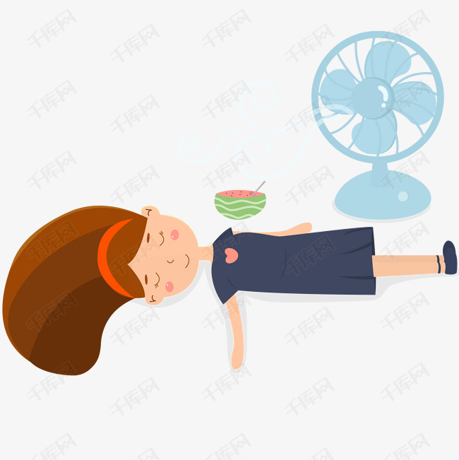 夏天大暑小暑节气卡通女孩吹风扇吃西瓜矢量图