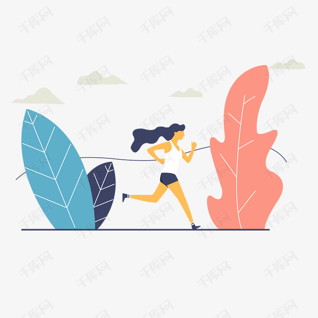 健身女生公园跑步手绘矢量图