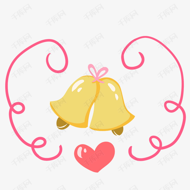 手绘爱情铜铃插画的素材免抠卡通铜铃铛装饰图案铜铃红心手绘插画爱情