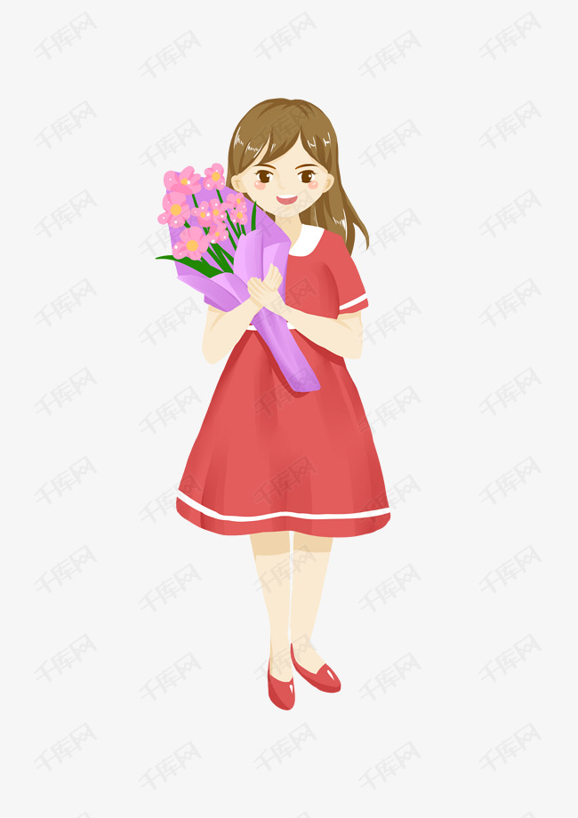 教师节手捧鲜花的女教师人物插画
