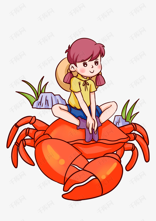 手绘女孩坐大闸蟹插画