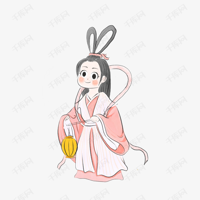 中秋节暖色卡通手绘古代嫦娥古风q版png免扣图插画