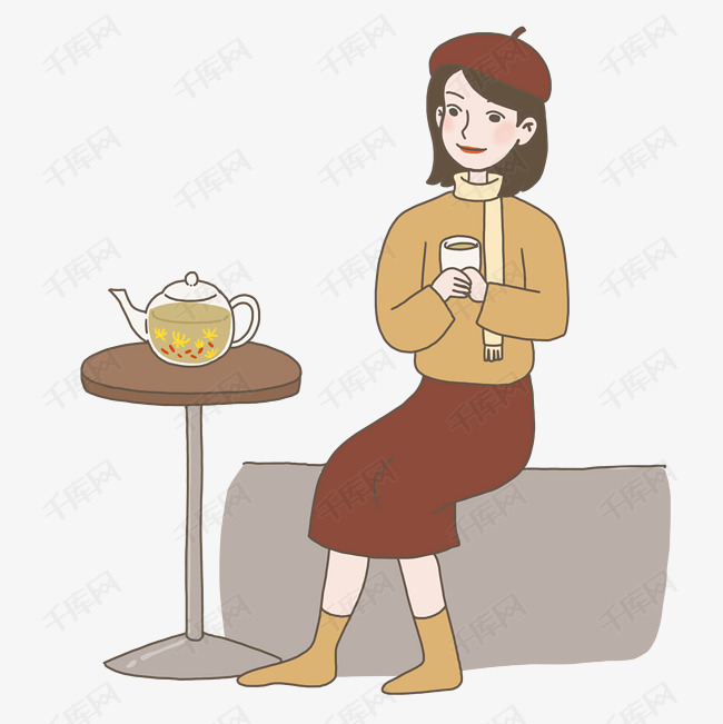 秋季养生手绘插画喝枸杞菊花茶免抠元素下载