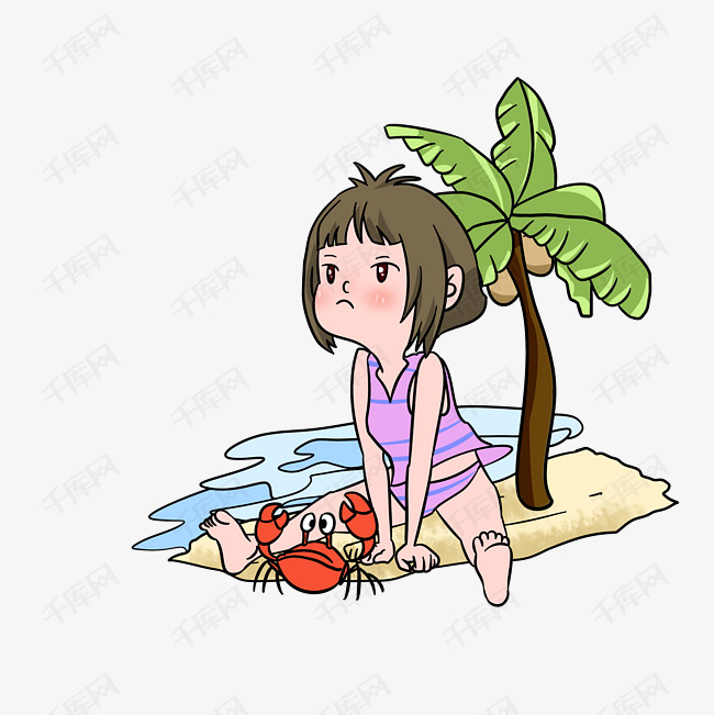 度假女孩抓螃蟹插画