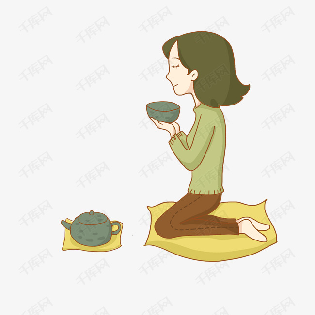 喝养生茶打坐的女孩免抠png素材