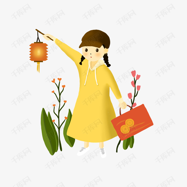 女孩提灯笼手绘插画