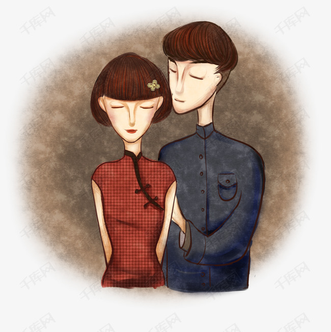 民国复古情侣爱人质感卡通插画一