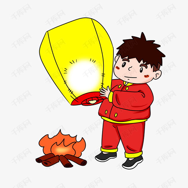 元宵节小男孩放孔明灯手绘插画