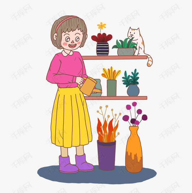 冬季冬日家里养花女孩卡通手绘
