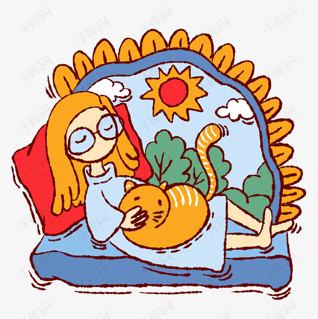 手绘卡通可爱童话午睡的小女孩