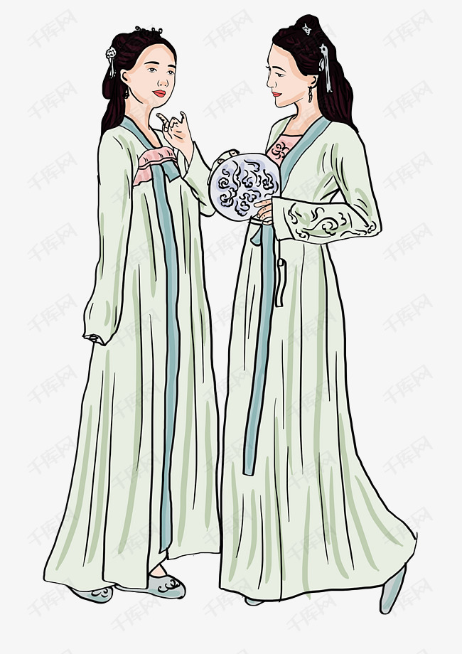 手绘古风插画两个古代女孩