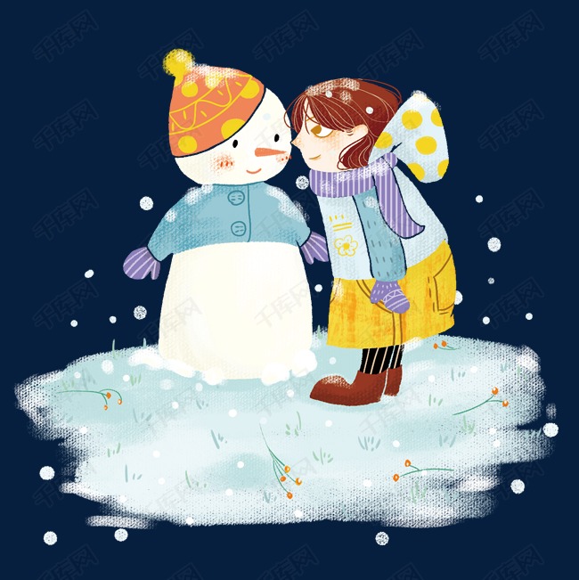 冬季冬天节气冬装卡通雪人和小女孩插画