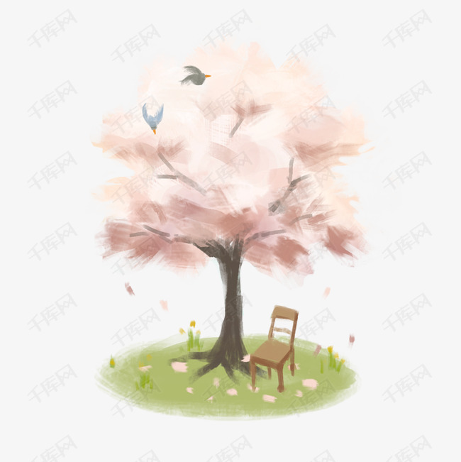 手绘唯美春天樱花树下草地上木椅子鸟语花香插