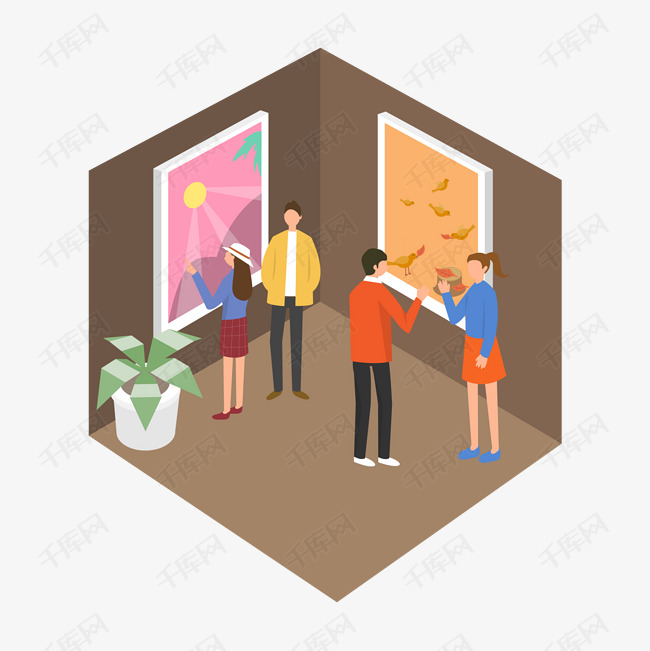 卡通插画风看画展的人
