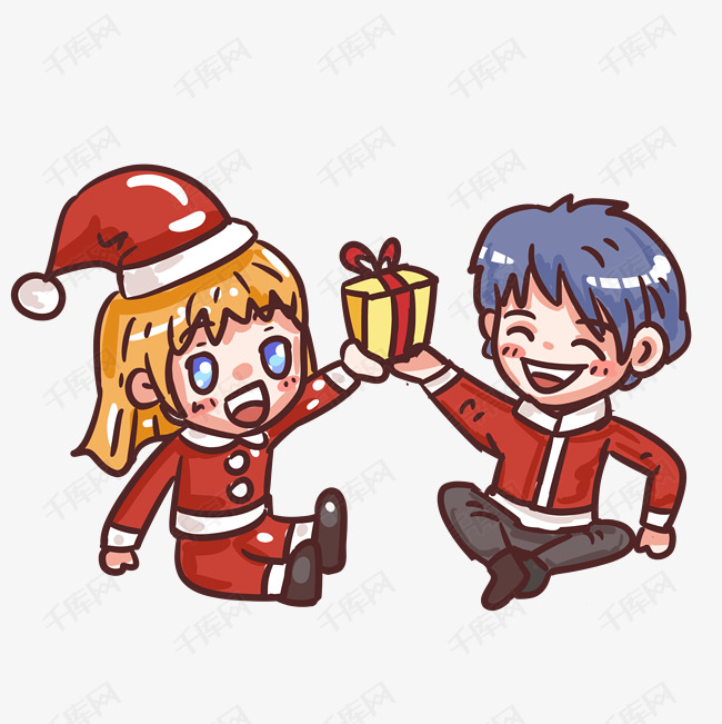 圣诞节情侣交换礼物庆祝手绘卡通素材