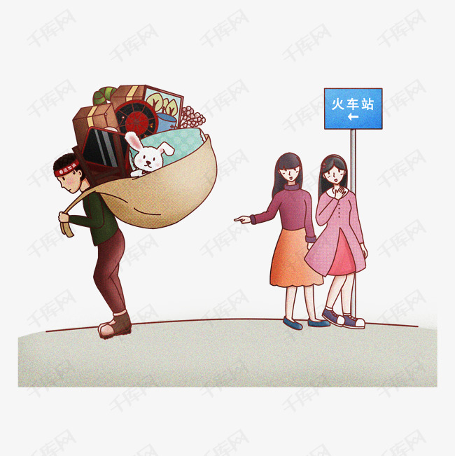 新年春运场景背着大包袱去火车站png免抠