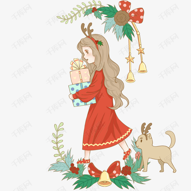 圣诞节抱礼物的小女孩