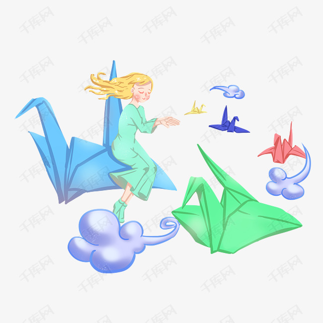 抠千纸鹤祝福手绘插画漂亮得多纸鹤漂亮的小女孩蓝色的祥云蓝色的纸鹤