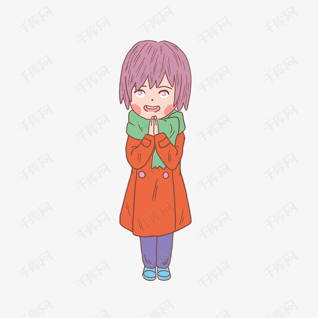 冬季冬日卡通手绘拜佛女孩