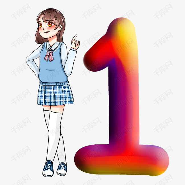 倒计时创意数字1新年跨年节日手绘卡通女孩人物