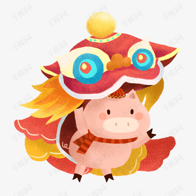 019喜庆手绘卡通Q版小猪舞狮免抠PNG素材