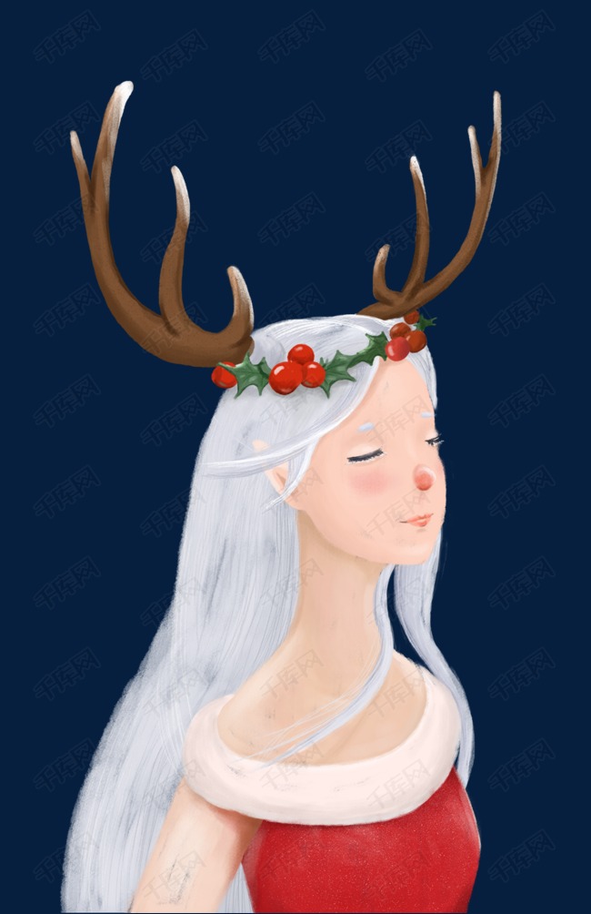 圣诞节鹿角女孩手绘插画