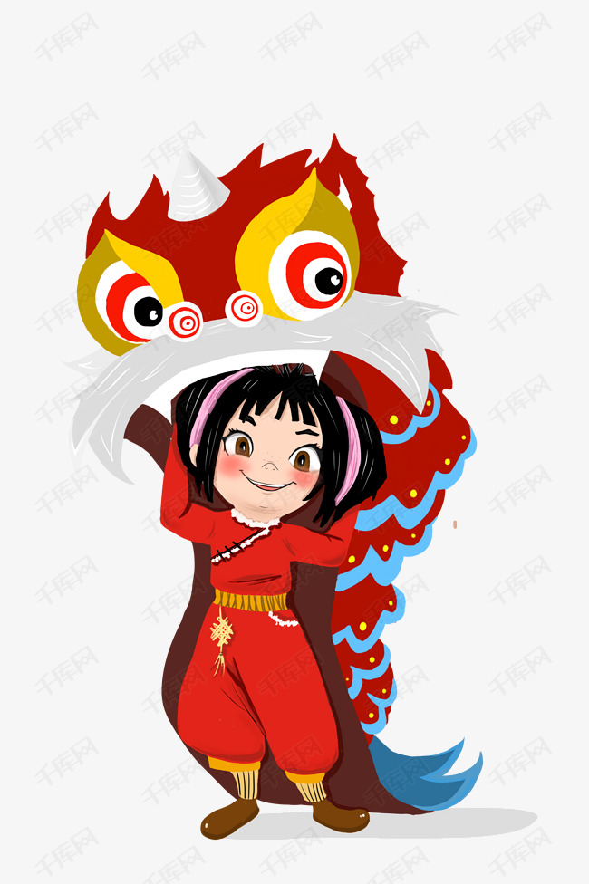 卡通手绘小女孩舞狮子